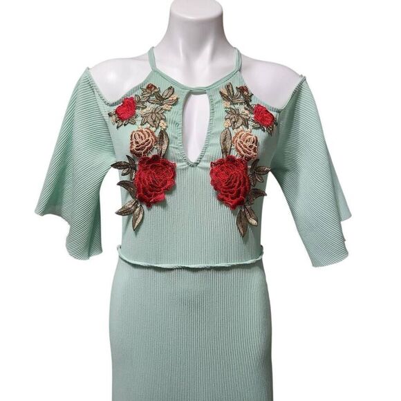 Vintage Carolina maxi dress green floral Embellished keyhole cutout bell Large - Picture 2 of 9